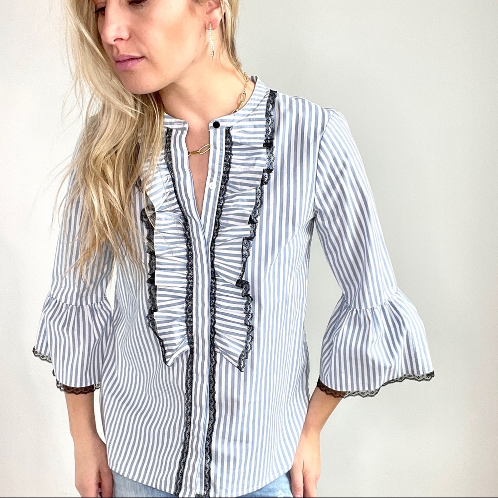Striped Ruffle Button-Down Shirt with Lace Trim - Blue/White